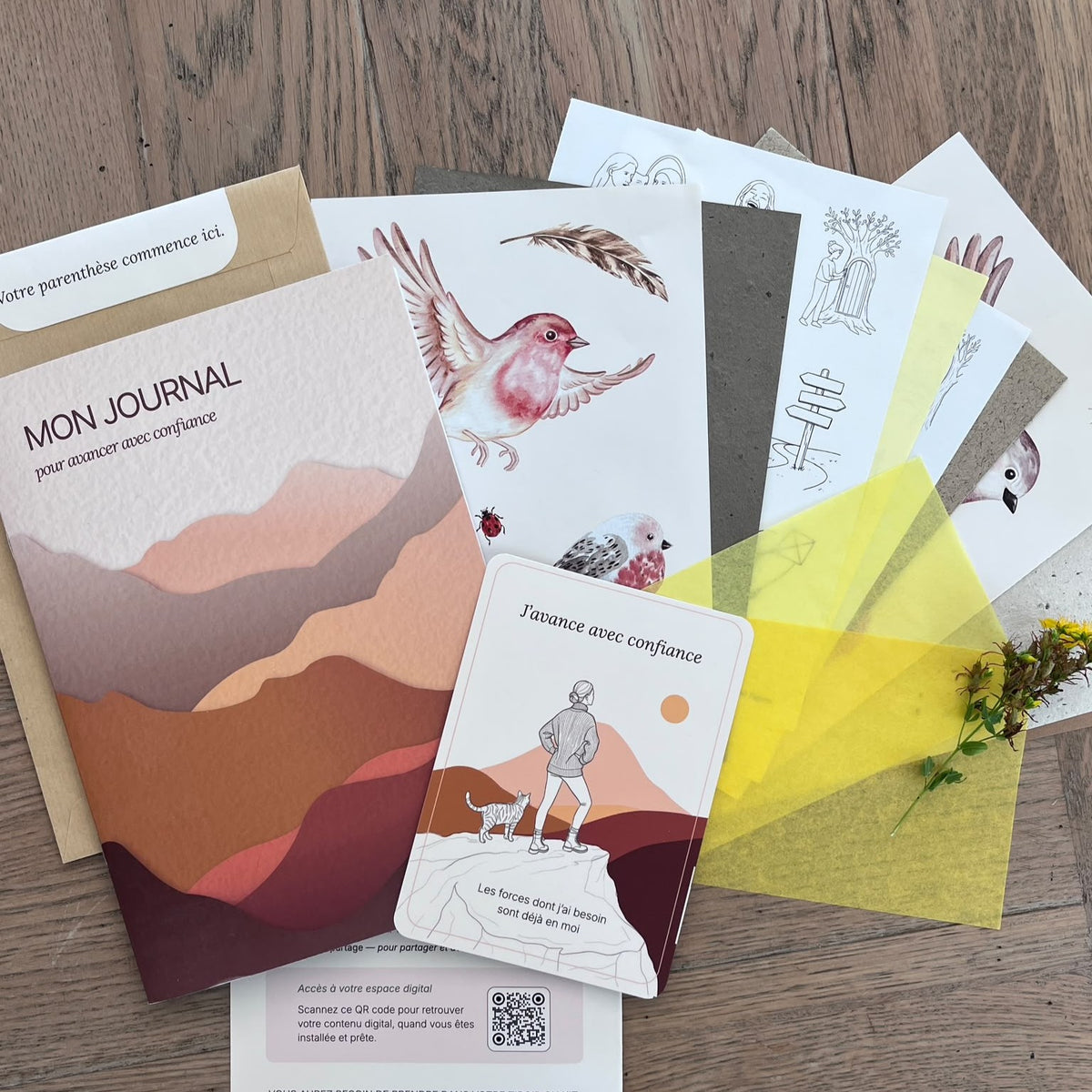 Le contenu d'une parenthèse : un journal, des images à coller et une fiche avec un QR code vers l'atelier vidéo